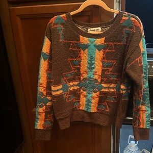 Panhandle Slim Brown Sweater with Orange and Teal Patterns